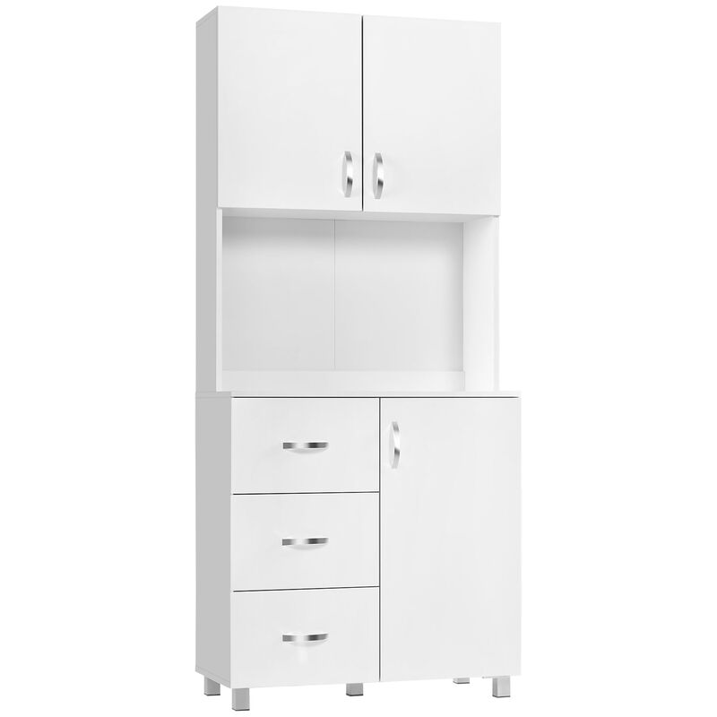 White Kitchen Organizer: Freestanding Hutch Cabinet with Doors and Drawers