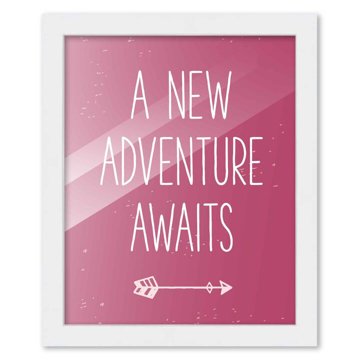 8x10 Framed Nursery Wall Adventure Girl New Adventure Awaits Poster in White Wood Frame For Kid Bedroom or Playroom