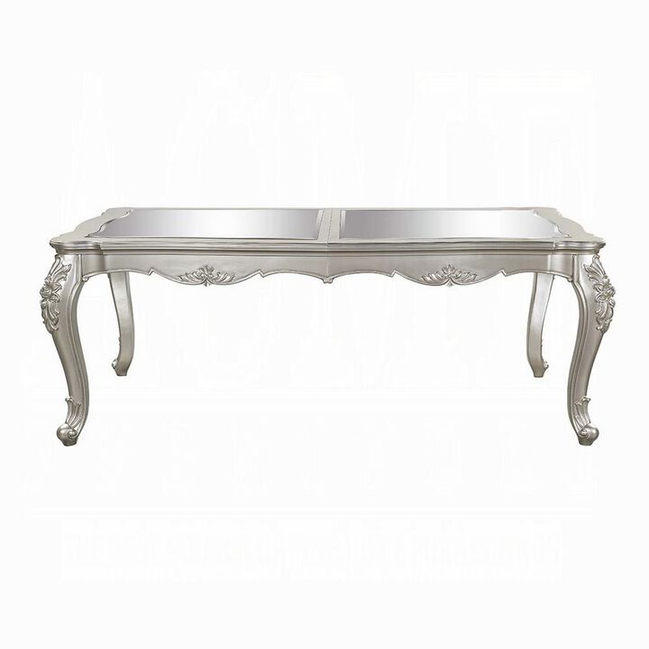 Bowe Dining Table, 80-96 Inch, Mirrored, Classic Champagne Silver Wood - Benzara