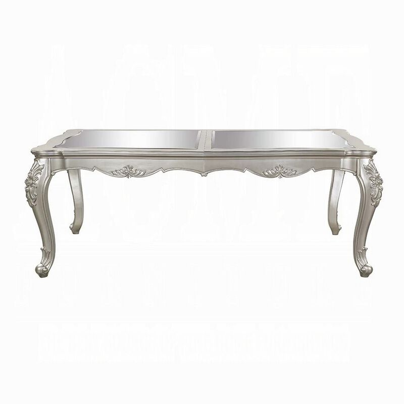 Bowe Dining Table, 80-96 Inch, Mirrored, Classic Champagne Silver Wood - Benzara