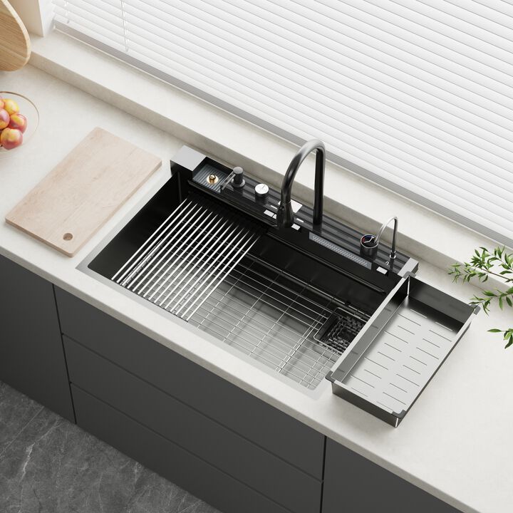 FUFU&GAGA PVD 304 Stainless Steel Bathroom Sink with Cutting Board, Drain Rack, and Smart Faucet,(33.1" W x 22" D x 9.8" H),Black