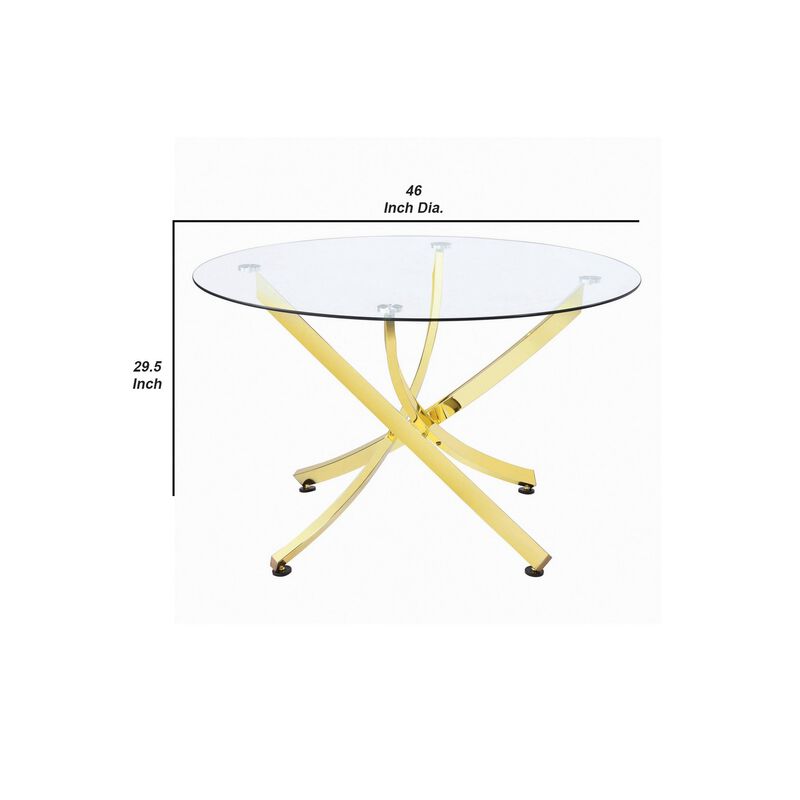 Dining Table with Glass Top and Curved Design Metal Base, Gold-Benzara
