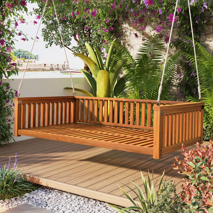 Mondawe Outdoor Twin Size Acacia Wood Swing Bed,Patio Garden Hanging Chair With A Hanging Rope