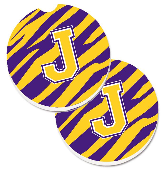 Caroline's Treasures Letter J Monogram - Tiger Stripe - Purple Gold Set of 2 Cup Holder Car Coasters CJ1022-JCARC, 2.56, Multicolor