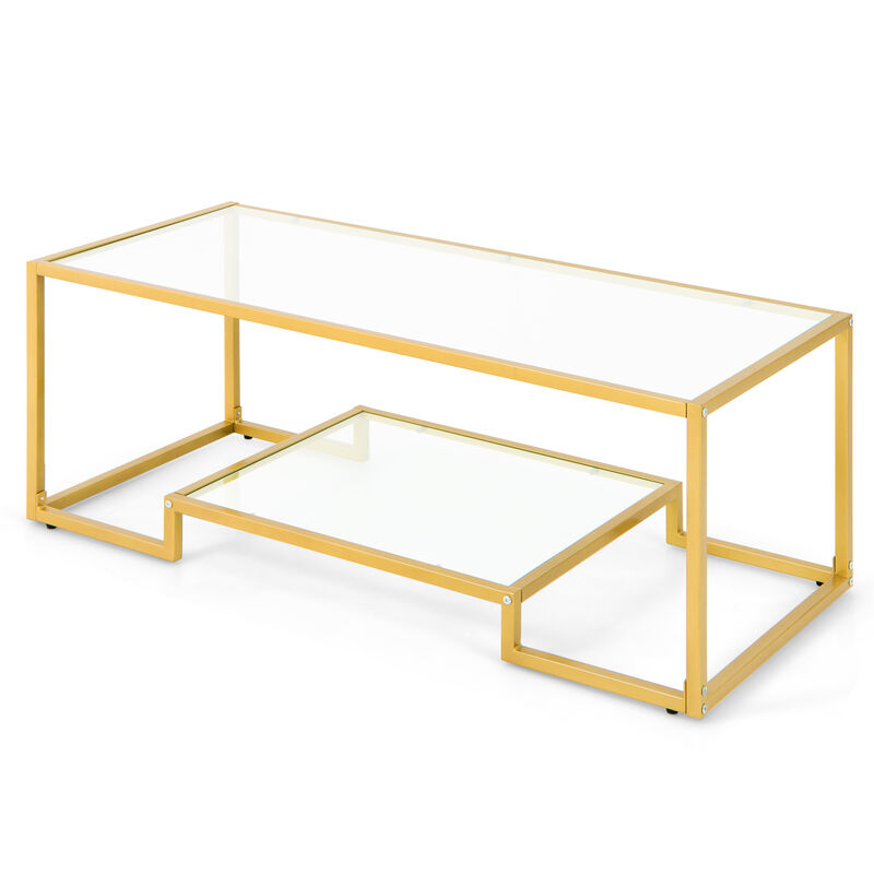 Modern 2-Tier Rectangular Coffee Table with Glass Table Top