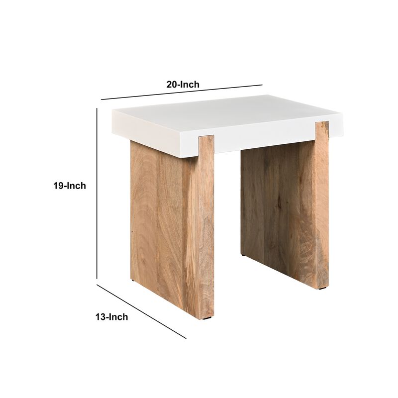 Kerry 20 Inch Rectangular End Side Table, Mango Wood, Sled Base, Glossy White, Natural Brown-Benzara