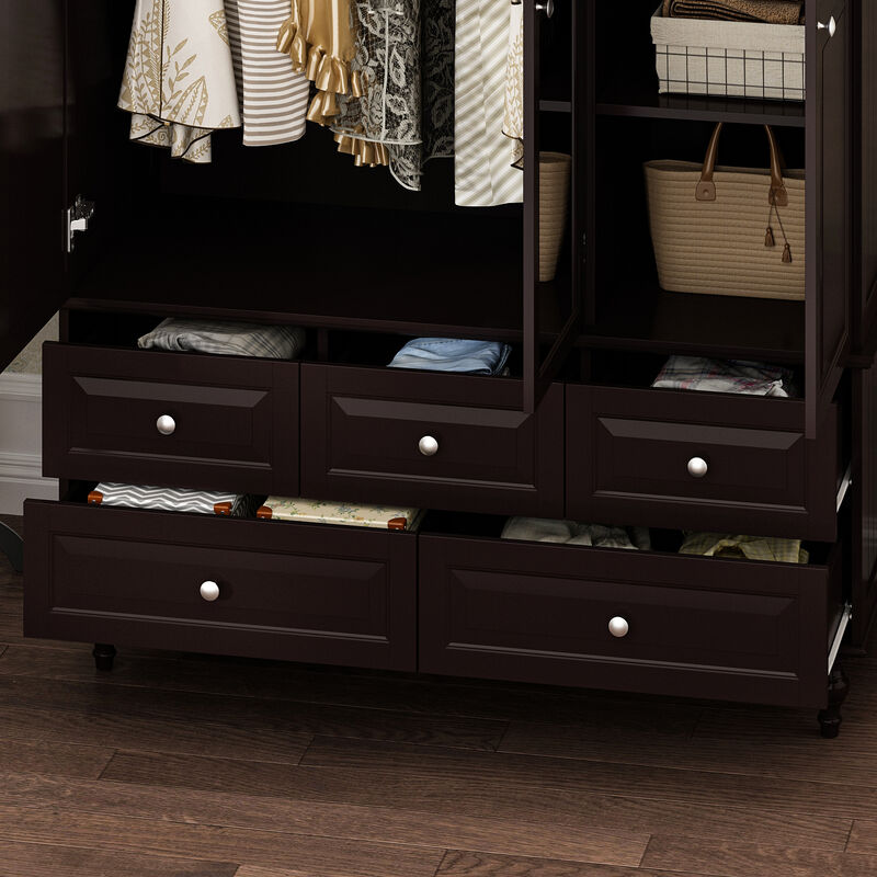 Black Paint 47.2 in. W Big Wardrobe Armoires W/Mirror, Hanging Rod, Drawers, Adjustable Shelves 70.9 in. H x 20 in. D