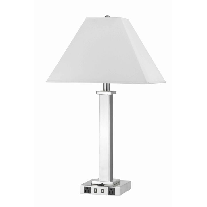 Trapezoid Shade Table Lamp with Metal Base and 2 USB Ports,White and Chrome-Benzara