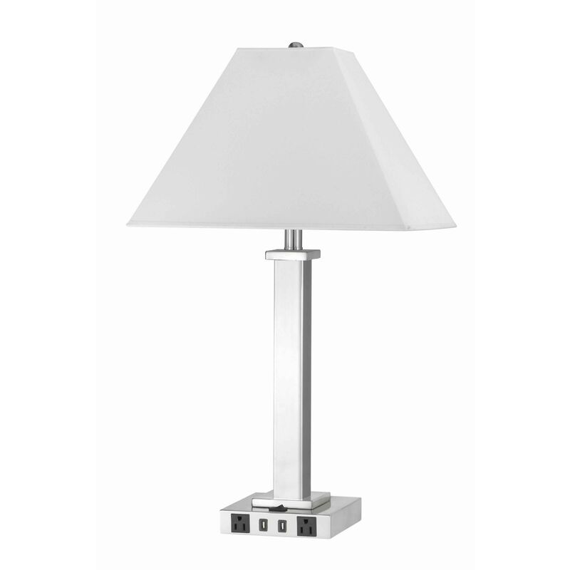 Trapezoid Shade Table Lamp with Metal Base and 2 USB Ports,White and Chrome-Benzara
