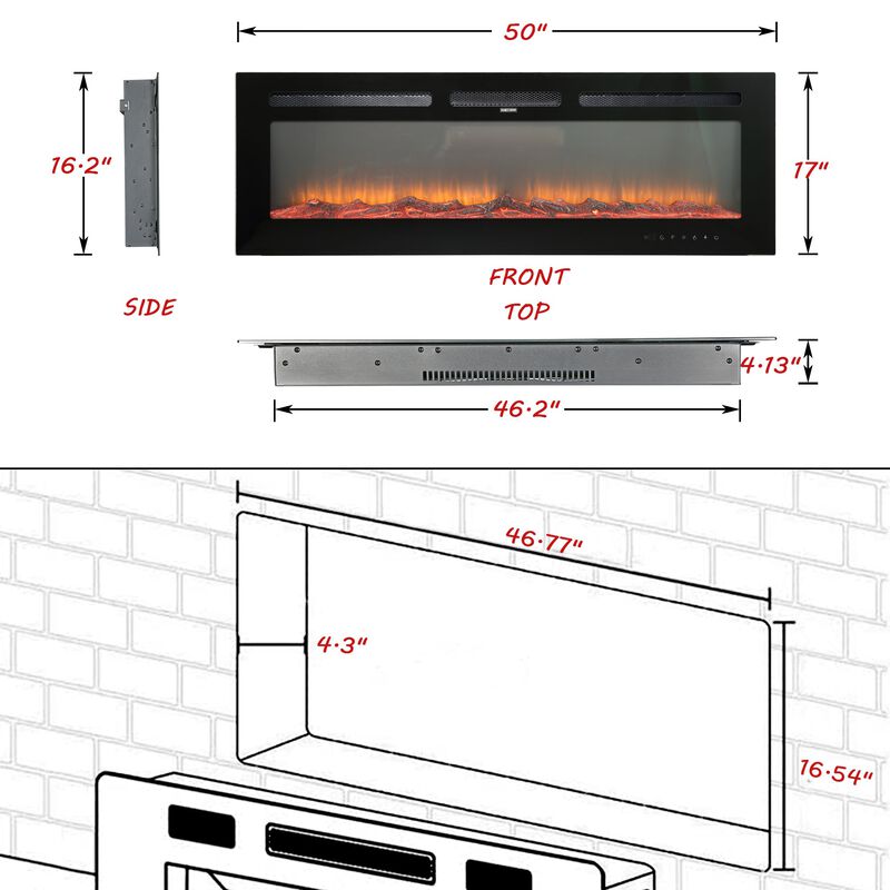 Black 50 in. Wall-Mounted Electric Fireplace with Logs & Crystals, Remote 1500/750W