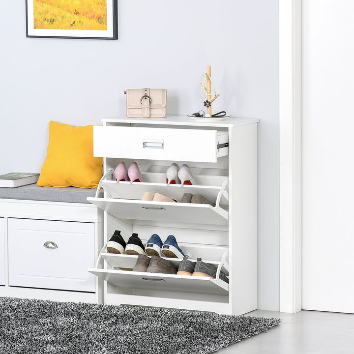 White Entryway Storage: 3-Drawer Shoe Cabinet with Flip Doors