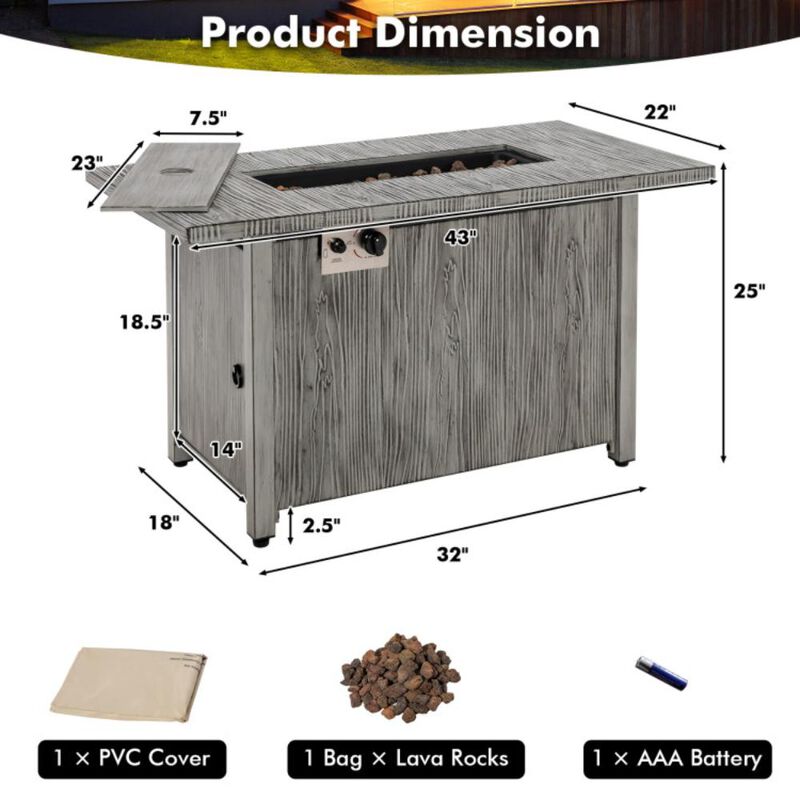 Hivvago 43 Inch 50 000 BTU Propane Fire Pit Table with Removable Lid-Gray