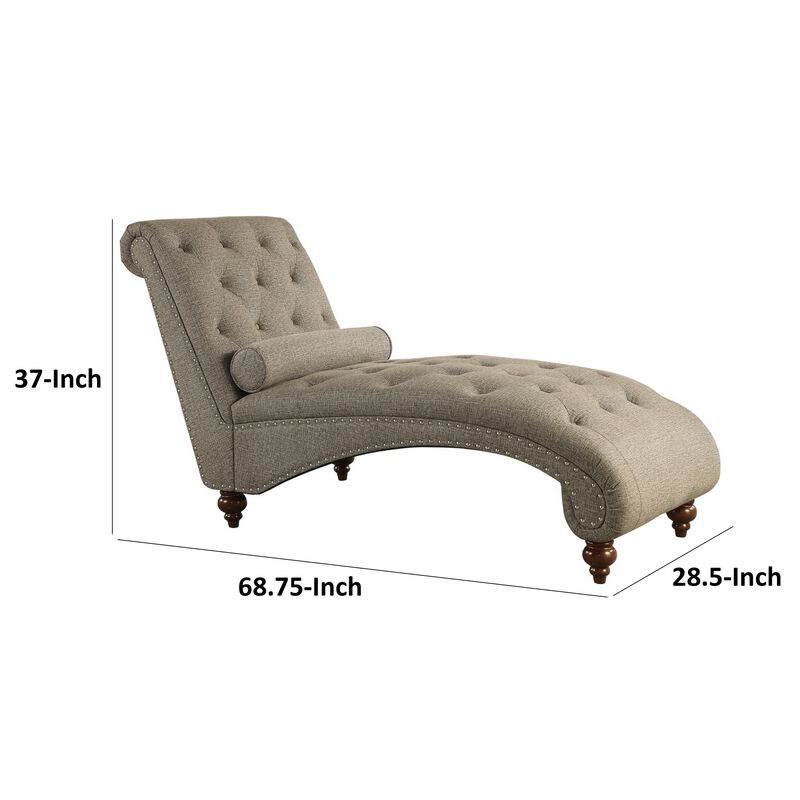 Amey 69 Inch Chaise Lounger, Solid Wood, Rolled Button Tufted Gray Fabric - Benzara