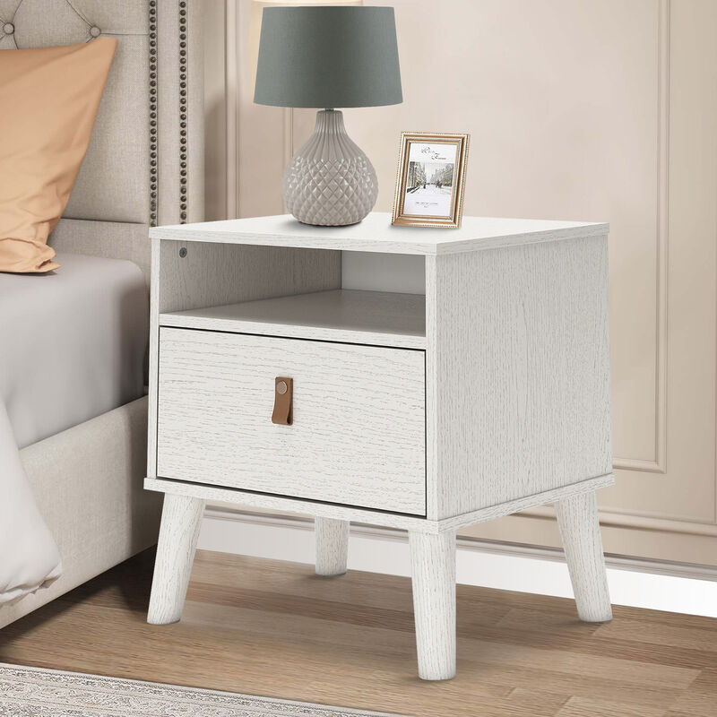 Luna 22 Inch Wood Nightstand, 1 Drawer, Faux Leather Knobs, White Finish - Benzara