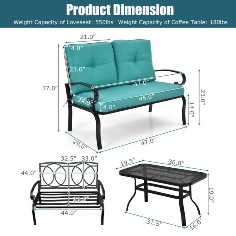 Hivvago 2 Pieces Patio Loveseat Bench Table Furniture Set with Cushioned Chair