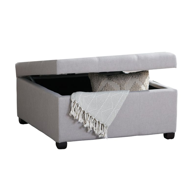 Jyan Square Ottoman, Hidden Storage, 35 Inch, Gray Fabric, Birch Wood - Benzara