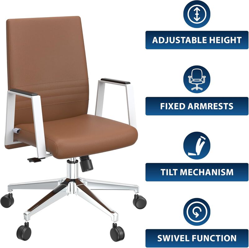 LeisureMod Aleen Mid-Century Modern Office Chair in Upholstered Leather and Iron Frame with Swivel and Tilt