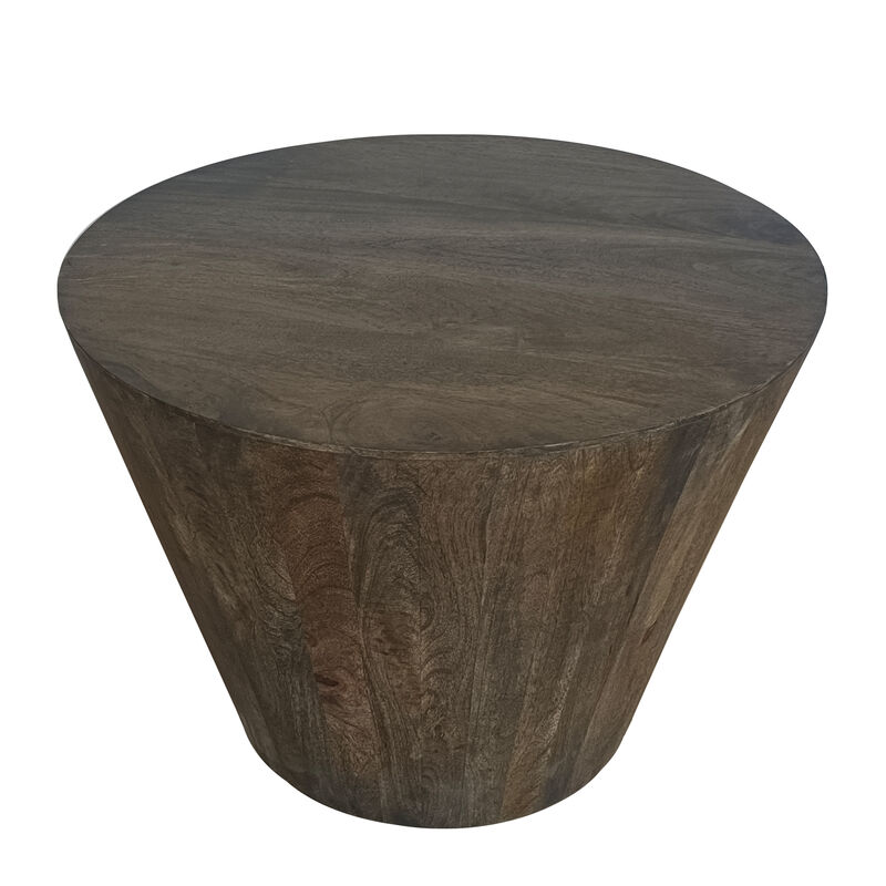 24 Inch Side End Table, Round Drum Shape, Handcrafted Distressed Gray Mango Wood