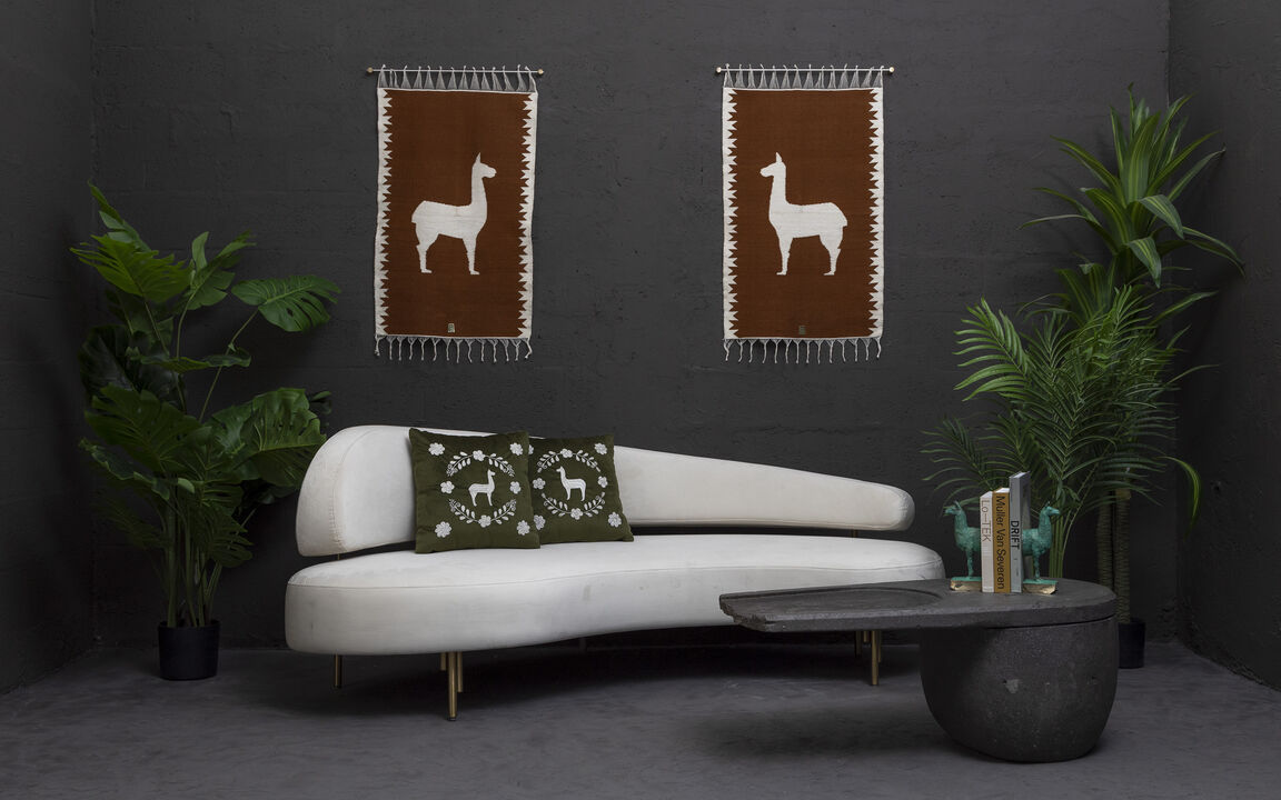 LLAMA Hand Embroidered Decorative Pillows in Olive Green Velvet by ANDEAN, Set of 2, In Stock