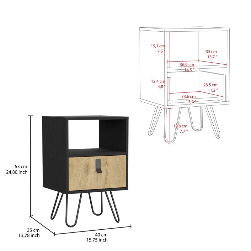 Huna Nightstand, Stylish Storage with Hairpin Leg, Open Shelf and Drawer-Black / Macadamia