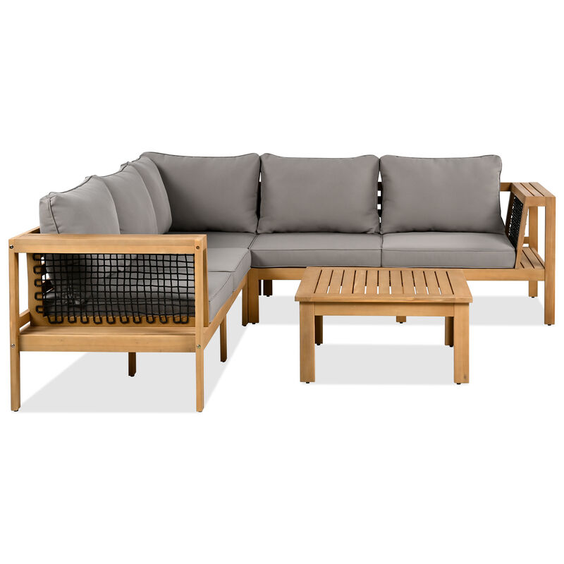 Whisen 4-Piece Acacia Wood Outdoor L-Shaped Sofa Set with Woven Mesh Armrests and Coffee Table