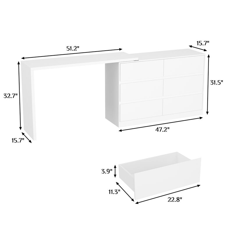 6-Drawer L-Shaped Chest of Drawers Cabinet with Rotatable Desktop 47.2 in. W x 51.2 in. D x 32.7 in. H