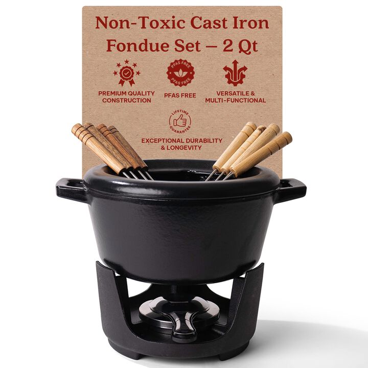 Alva Nori - Cast Iron Fondue Set - Melting Pot,Enameled Cast Iron Cookware Set,Fondue Pot with 8 Forks,Food Warmers for Parties,Cheese Melts,Hot Chocolate Maker,Non Toxic Cookware Set - 2 Qt 8"