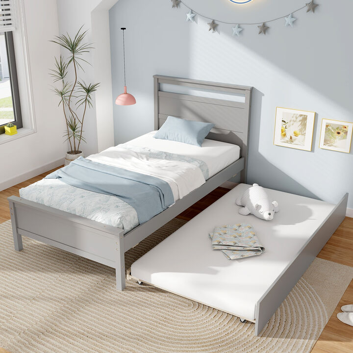 Twin Size Wooden Bed Frame with Trundle for Teens and Adults