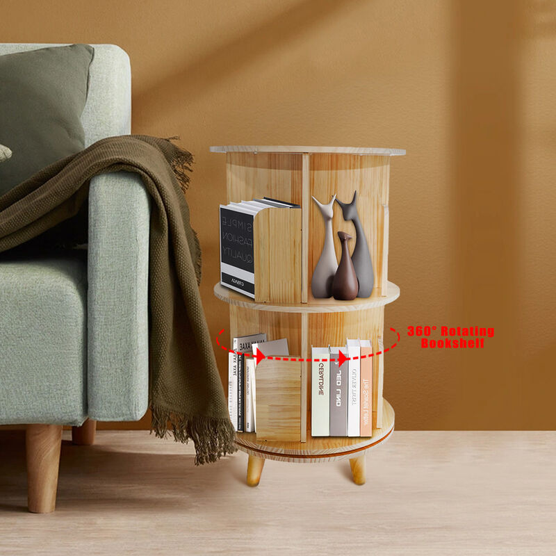 Rotating 2-Layer Bookcase, 360° Pine Wood Bookshelf with Display Rack for Home or Office