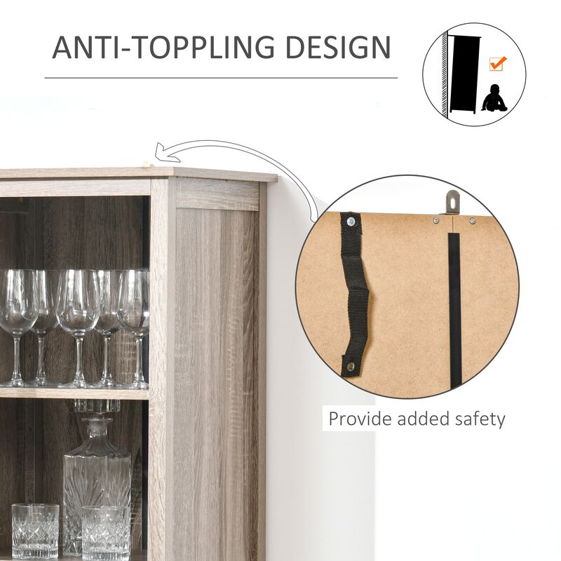Grey Oak Bar Cabinet: Tall Wine Display with Glass Door and Storage