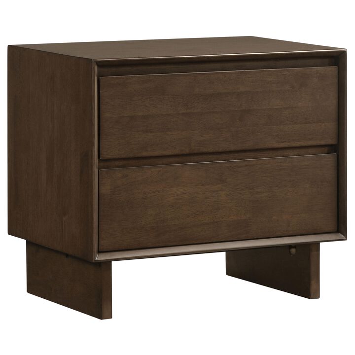 Genu Nightstand, 2 Drawers w Fingertip Handles, Warm Walnut Brown - Benzara