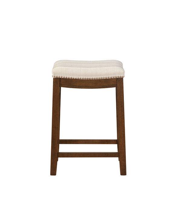 Wooden Counter Stool with Nailhead Trim Accent, Brown and Beige - Benzara