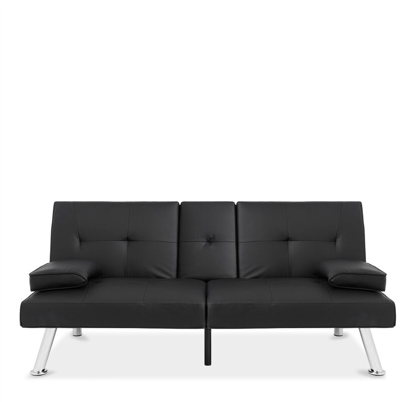 Faux Leather Sleeper Sofa – Convertible Futon with Foldable Cup Holder Armrest for Home & Apartment