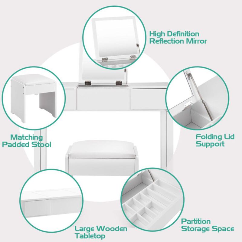 Hivvago Vanity Makeup Dressing Table Set with Flip Top Mirror and Cushioned Stool