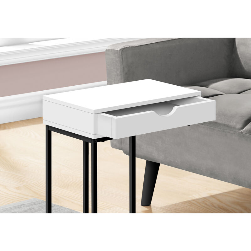 Monarch Specialties I 3770 Accent Table, C-shaped, End, Side, Snack, Storage Drawer, Living Room, Bedroom, Metal, Laminate, White, Black, Contemporary, Modern