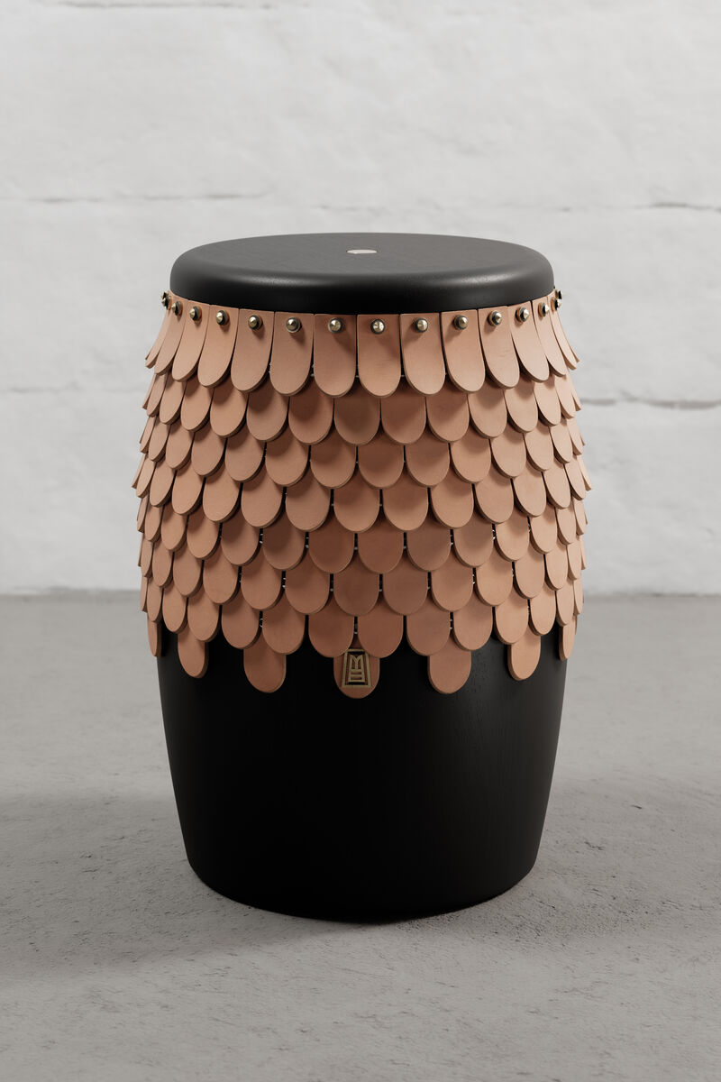 SITIERA_01 Solid Wood Stool, with Natural Thick Leather Accents, and Aged Bronze by ANDEAN, In Stock