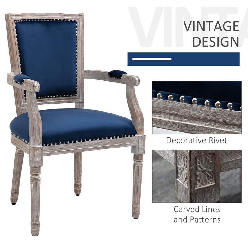 Blue Velvet Dining Chair: Vintage High Back Chair with Armrests, Solid Wood Legs