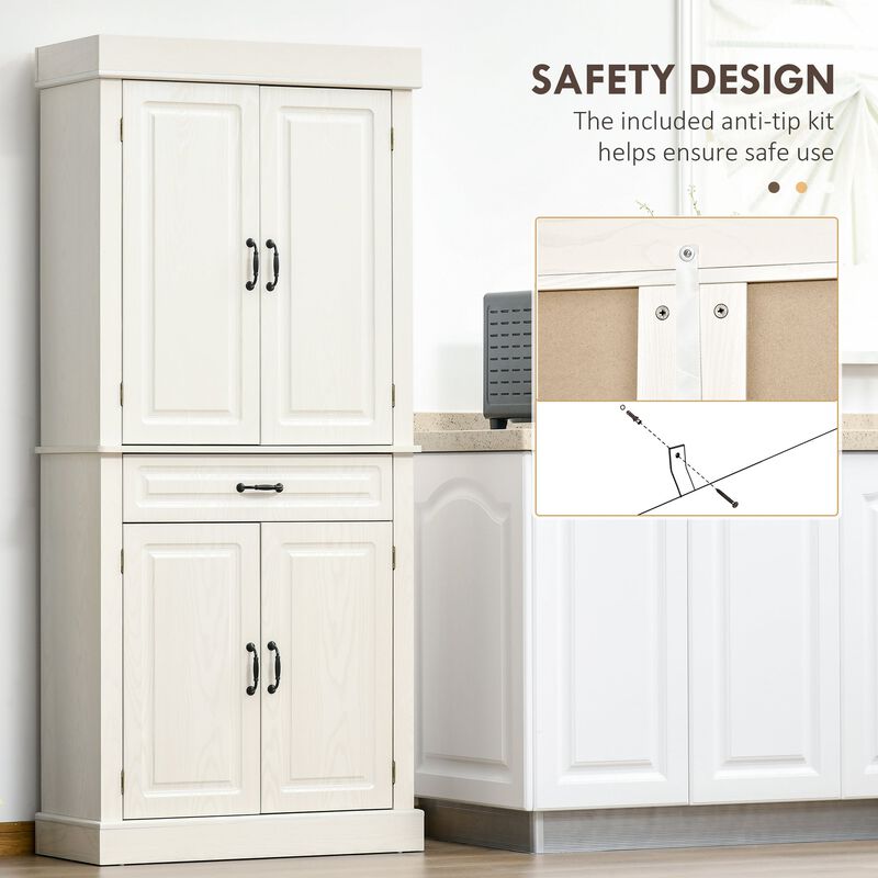 71" Distressed White Pantry: 4 Doors, 2 Cabinets, Drawer