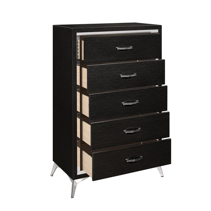 Sami 49 Inch Tall Dresser, 5 Drawers, Mirror Trim, Embossed Texture, Black - Benzara