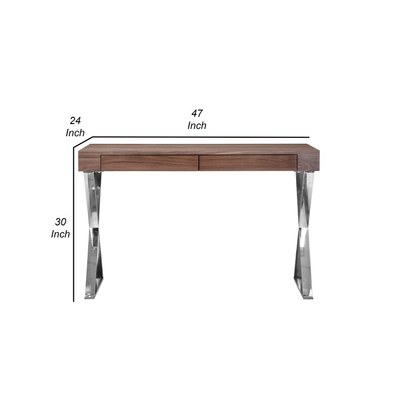 Rix 47 Inch Office Desk, Walnut Wood Top, 2 Drawers, X Polished Steel Legs - Benzara