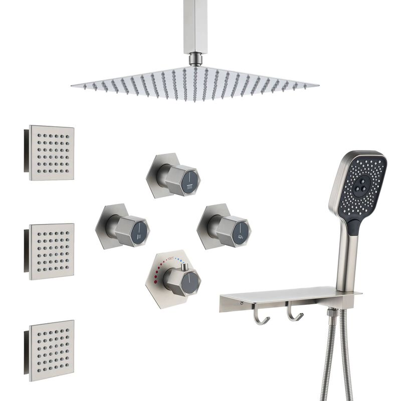 Mondawe Free Combination Handles Wall Mounted 12 Inch Thermostatic 3 Functions 5 Sprays Luxury Shower System with 6 Body Jets and Rough-in Valve Included in Brushed Nickel