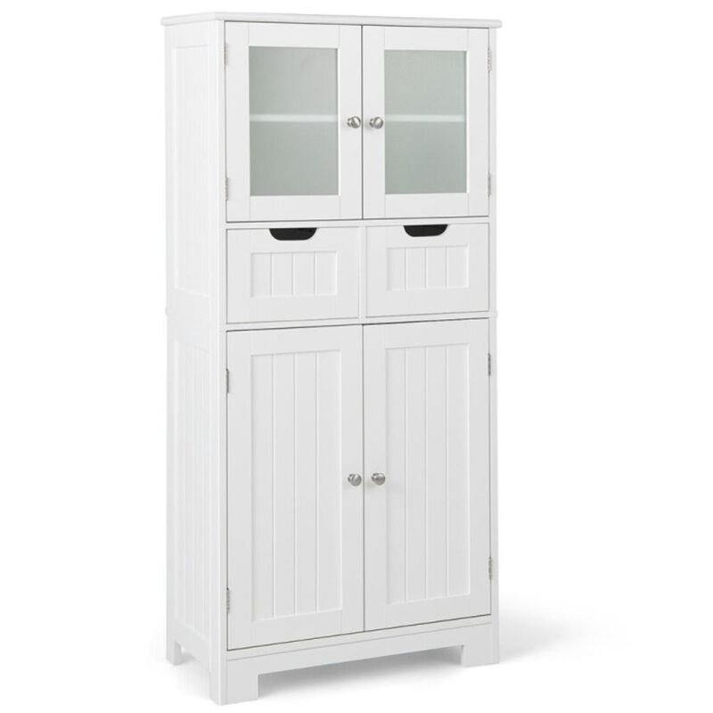 Hivvago 3 Tier Freee-Standing Bathroom Cabinet with 2 Drawers and Glass Doors-White