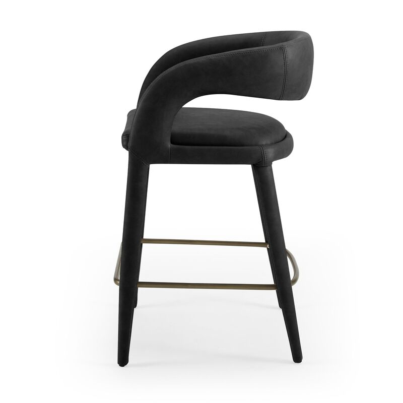 Cid Taya 26 Inch Counter Stool Chair, Curved Open Back, Black Faux Leather - Benzara