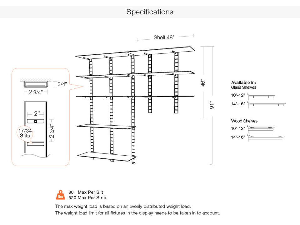Trendy  Living Room Shelving System 91" & 46" High with 8 Glass Shelves 48" Length 10"-12" Width | 4 Sections- Shelves Sold Separately