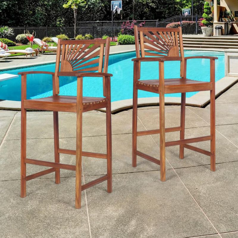Hivvago 2 Pieces Outdoor Acacia Wood Bar Chairs with Sunflower Backrest and Armrests