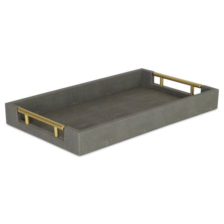 15.75" Gray and Gold Rectangular Faux Shagreen Tray with Handles