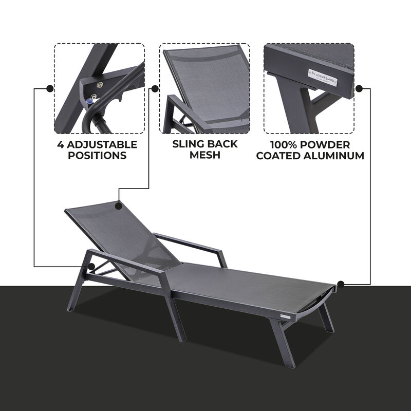 LeisureMod Marlin Patio Chaise Lounge Chair with Armrests – Black Aluminum Frame & Navy Blue Mesh for Outdoor Comfort
