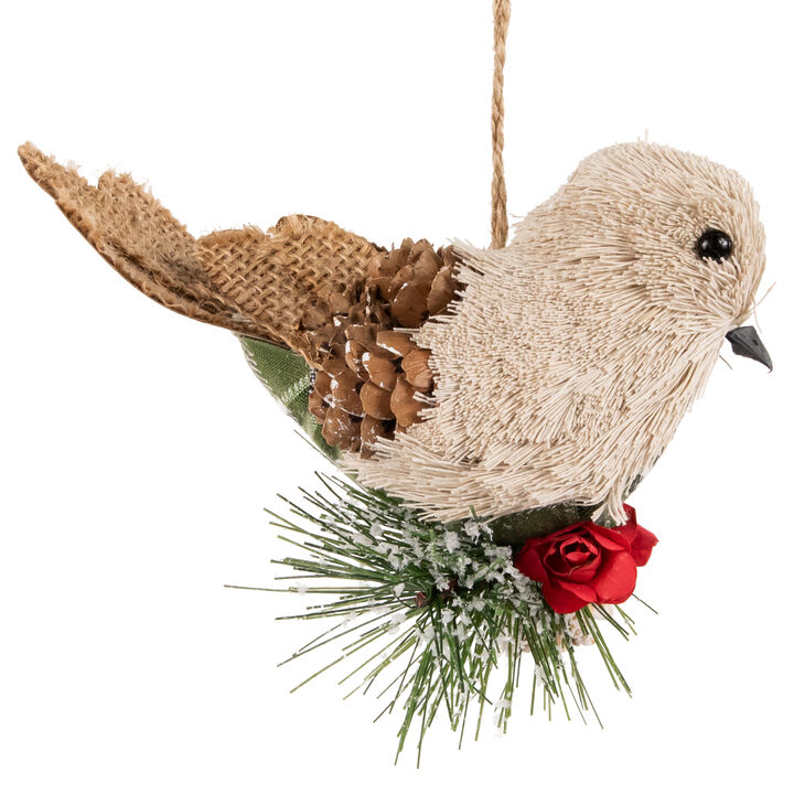 6.75" Front Facing Plaid Bird and Frosted Pine Needle Hanging Christmas Ornament