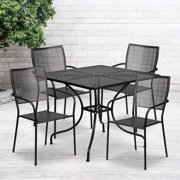 Flash Furniture Oia Commercial Grade 35.5" Square Black Indoor-Outdoor Steel Patio Table Set with 4 Square Back Chairs