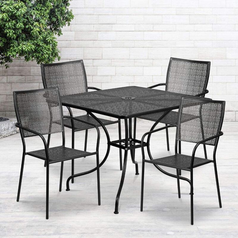 Flash Furniture Oia Commercial Grade 35.5" Square Black Indoor-Outdoor Steel Patio Table Set with 4 Square Back Chairs
